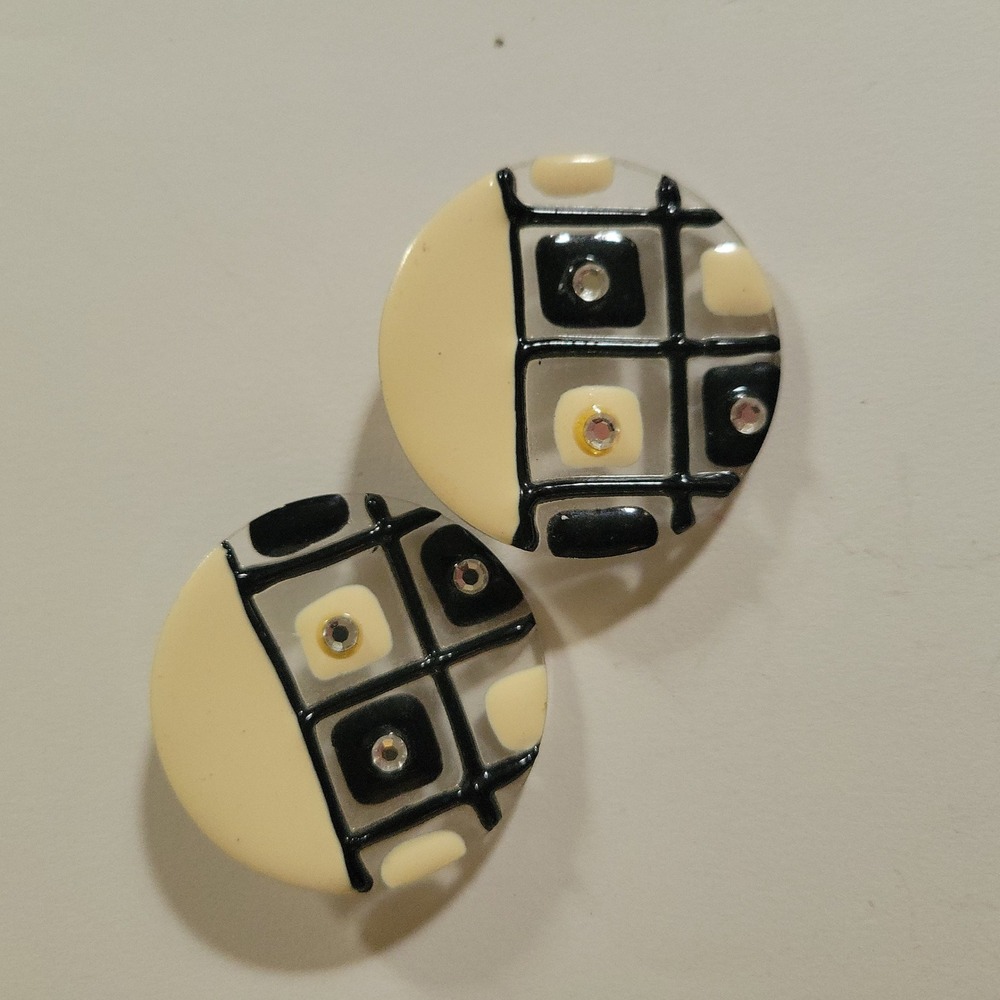 Vintage Mod Geometric Round Post Earrings Black Cream Rhinestone 1.25‎ In Retro
